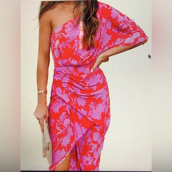 Amazon Beautisun One Shoulder Floral Print Ruched Midi Dress. Size L - Picture 1 of 10